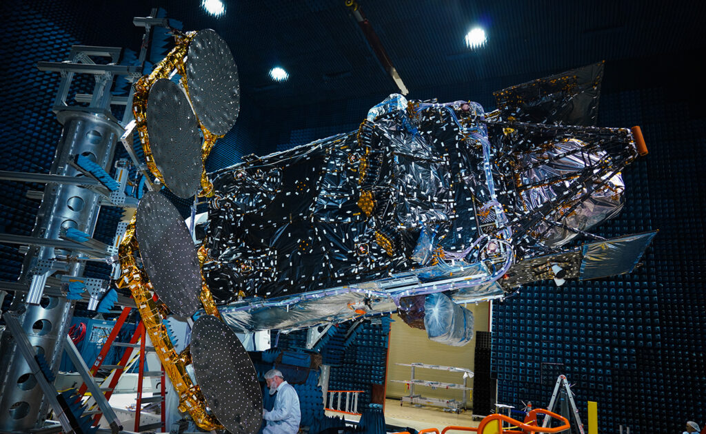 The TEMPO air pollution sensor is hosted on Intelsat 40e, seen here at the Maxar Technologies facility in Palo Alto, California, where it was built. The instrument and the entire spacecraft recently passed pre-launch testing at the facility. Credits: Courtesy of Maxar