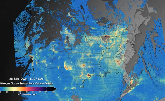 The TEMPO instrument measured elevated levels of nitrogen dioxide (NO2) from a number of different areas and emission sources throughout the daytime on March 28, 2024. Yellow, red, purple, and black clusters represent increased levels of pollutants from TEMPO’s data and show drift over time. Credit: Trent Schindler/NASA’s Scientific Visualization Studio Image Snapshot created by: Jay Madigan, AMA (NASA LaRC Contractor)